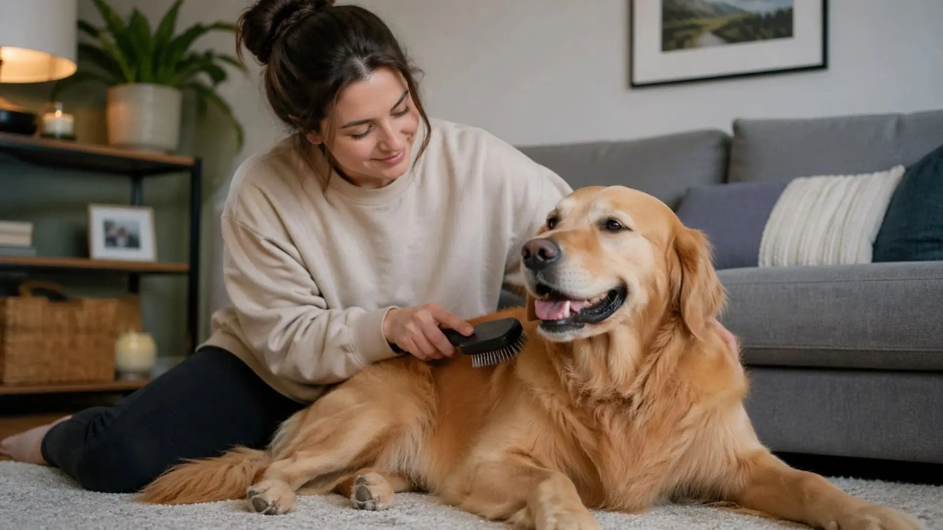 Person brushing a dog at home during a grooming routine