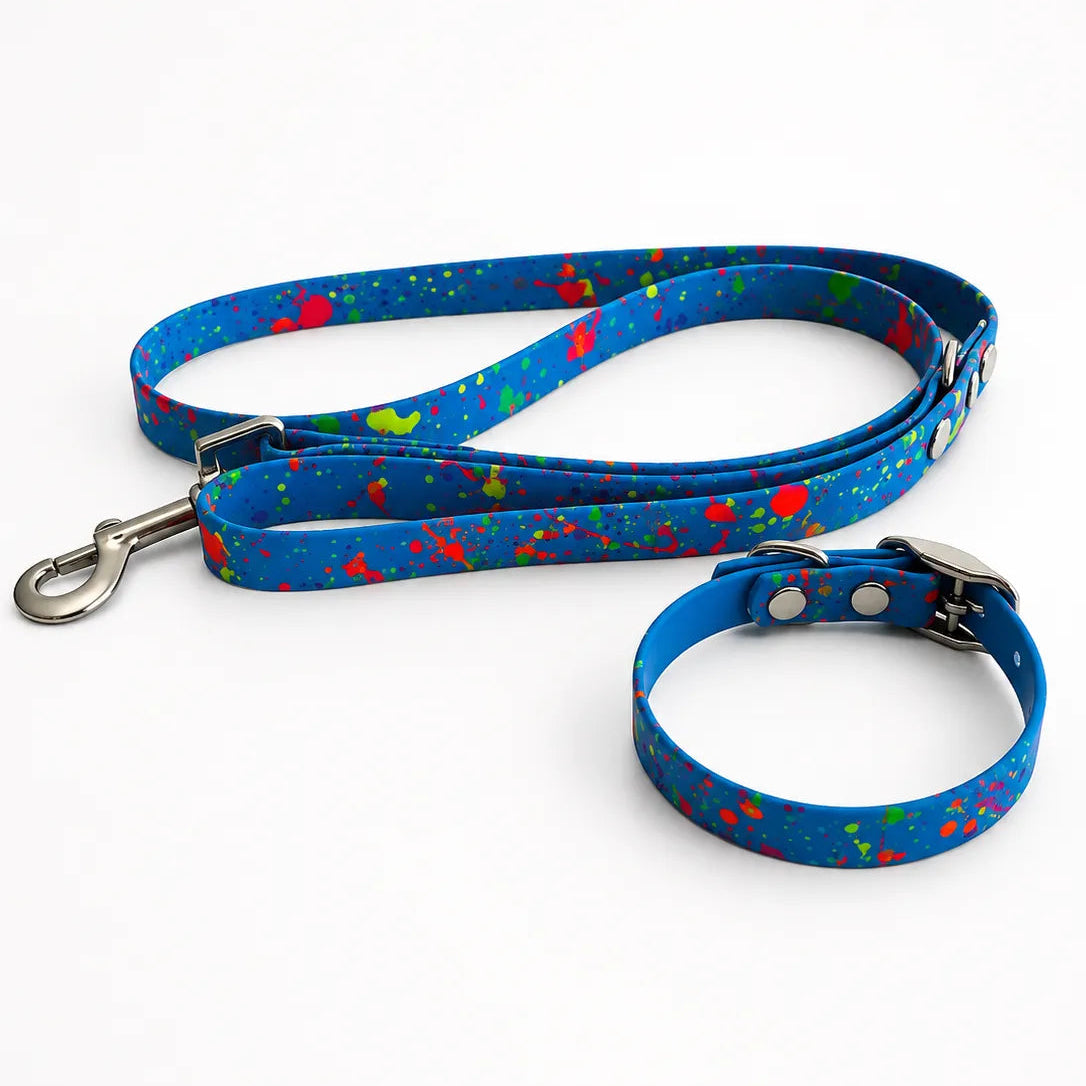 Set Collare e Guinzaglio Blue Splash per Cane in BioThane® Impermeabile e Regolabile DixyStore