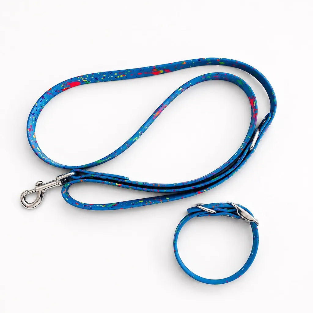 Set Collare e Guinzaglio Blue Splash per Cane in BioThane® Impermeabile e Regolabile DixyStore