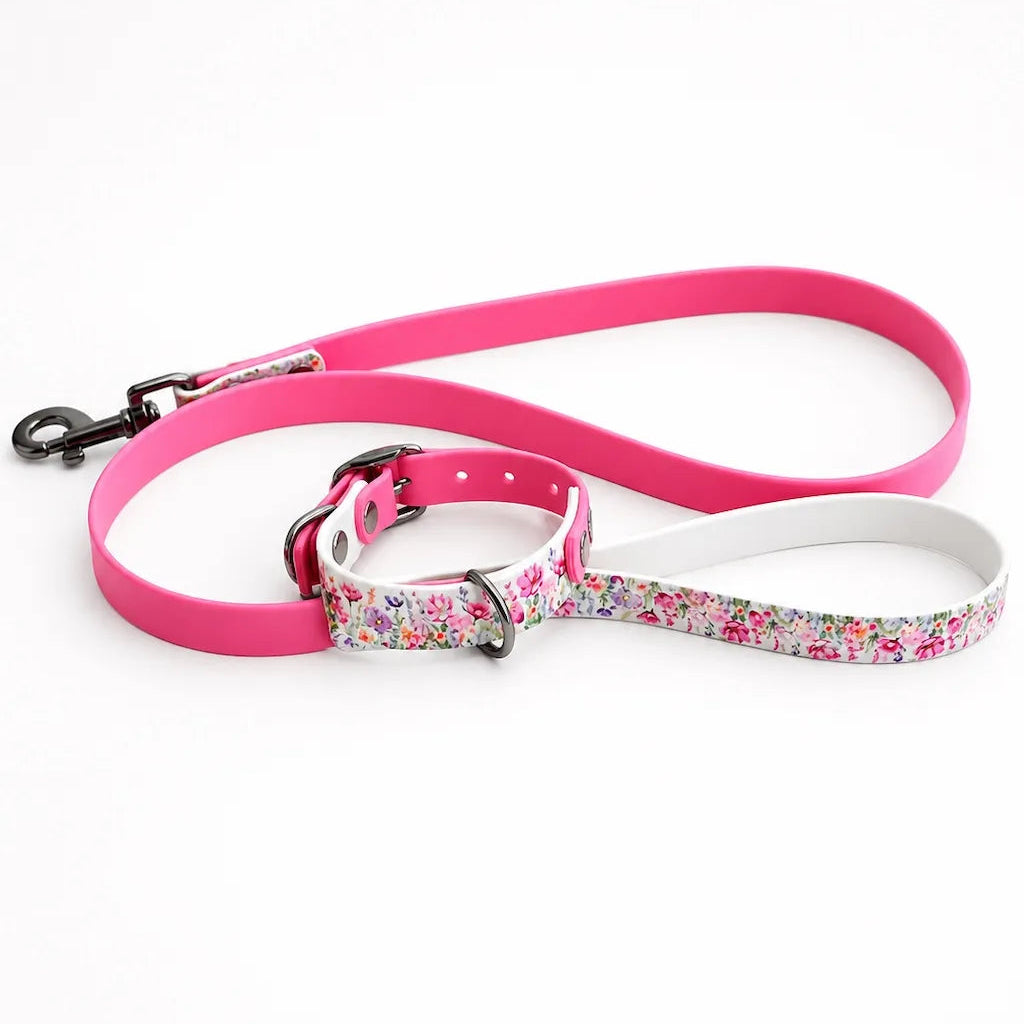 Set Collare e Guinzaglio Fiori Rosa per Cane in BioThane® Impermeabile e Regolabile | DIXY'S (Copia) DixyStore