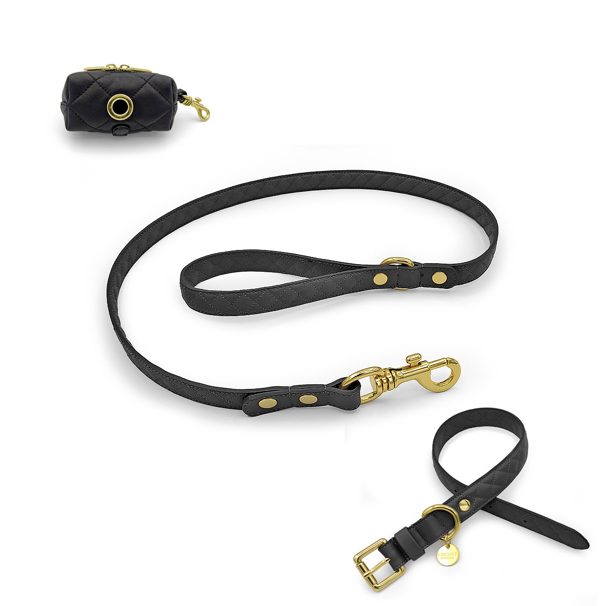 luxury quilted stitched calf leather collar, lead and poop bag holder set.