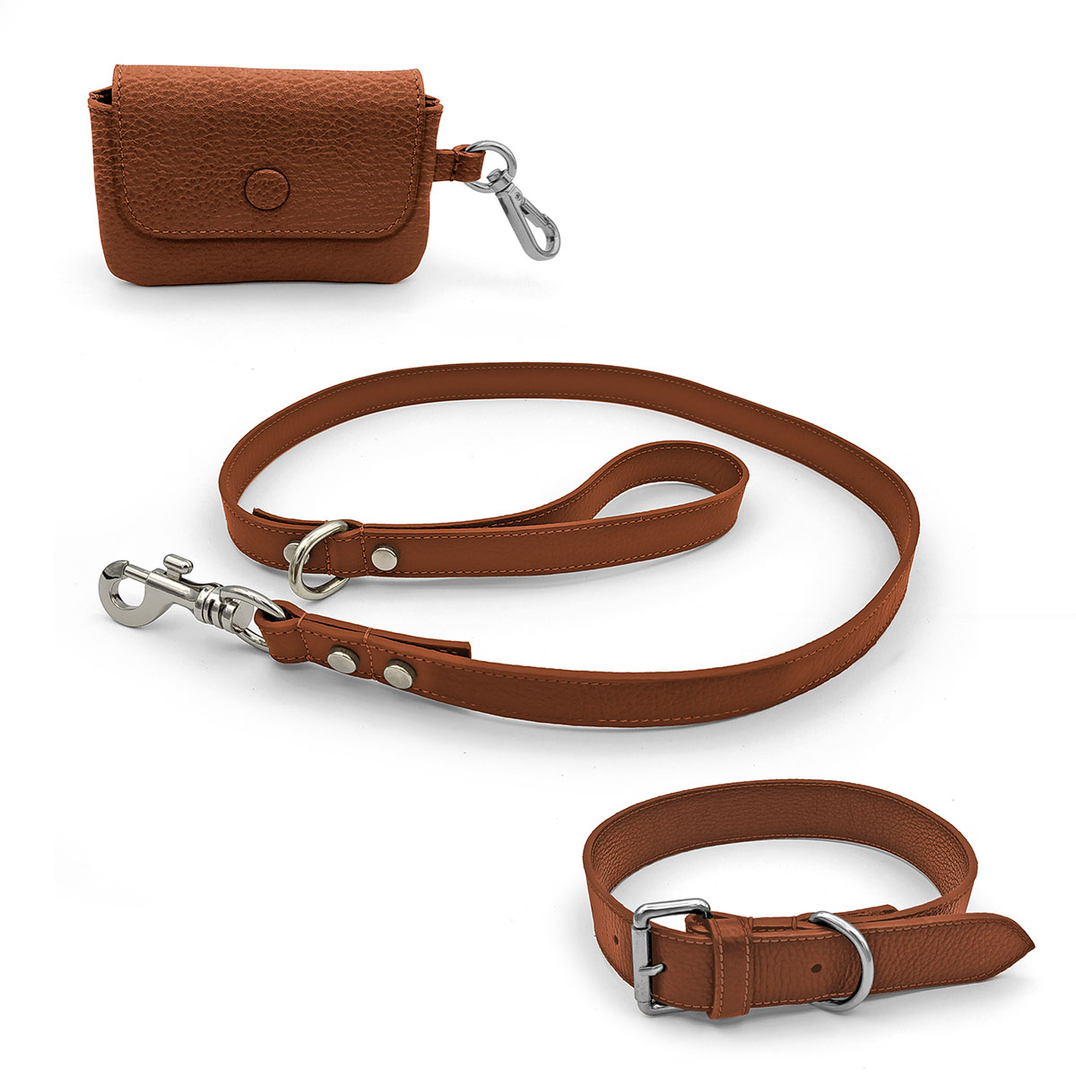 LUXURY COLLAR AND LEASH SET in calf grain dollar leather with D ring to hook leash. Available in various colours. Includes poop bag.