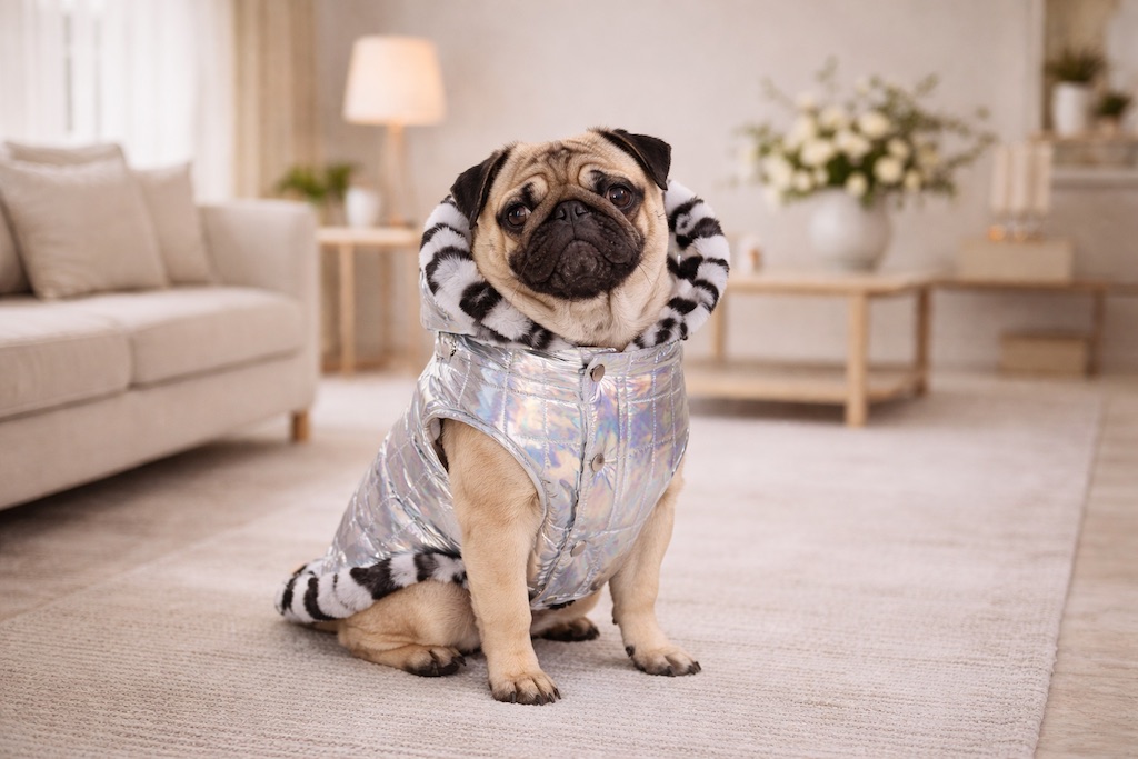 Carlino con Cappotto per cane Techno puffer olografico con fodera faux-fur zebrata e mantellina removibile. Techno holographic puffer dog coat with zebra faux-fur lining and removable cape.