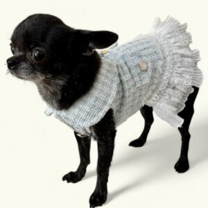 Elegant dress for dogs in a sophisticated Chanel design with a D-ring on the back. The inner lining is in warm cotton. Worldwide shipping. Luxury pets.