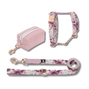 Set pettorina H e guinzaglio cane Spring con stampa floreale rosa in materiale riciclato resistente. Spring dog H harness and leash set with pink floral print made from durable recycled material.