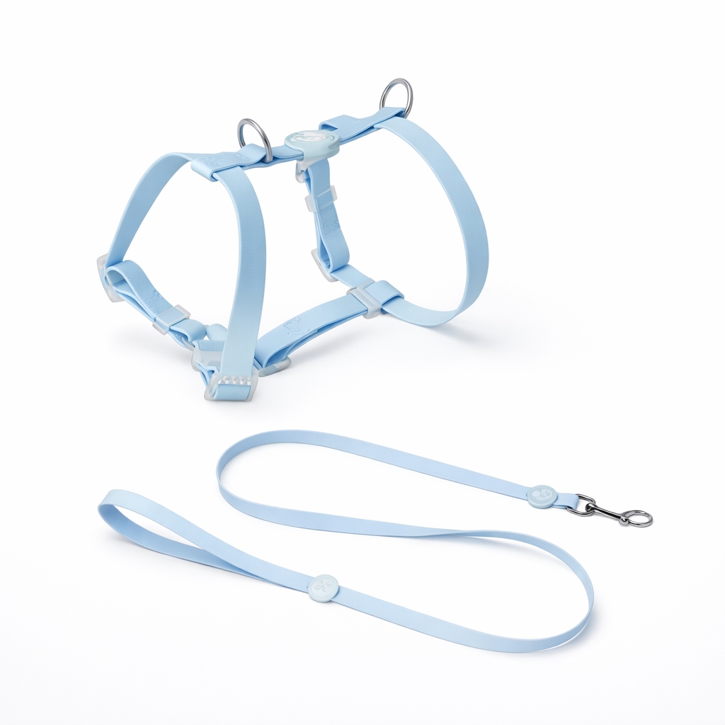 Set pettorina H e guinzaglio blu in Biothane per cane progettato per distribuire la pressione sul petto durante le passeggiate. Biothane H harness and leash set designed to distribute pressure across the dog’s chest during walks.