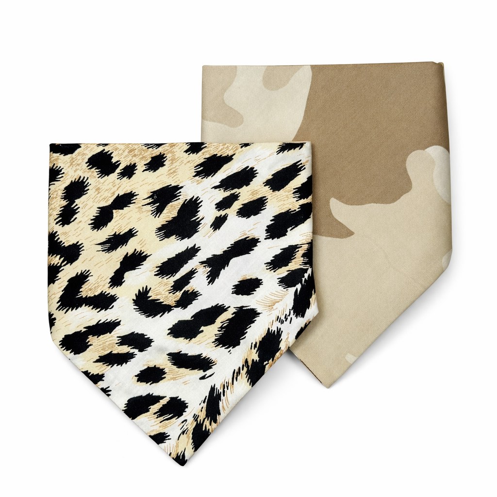 dixystore-bandana-cane-reversibile-animalier-mimetica Bandana per cane reversibile con stampa animalier e mimetica. Reversible dog bandana with leopard and camouflage print.