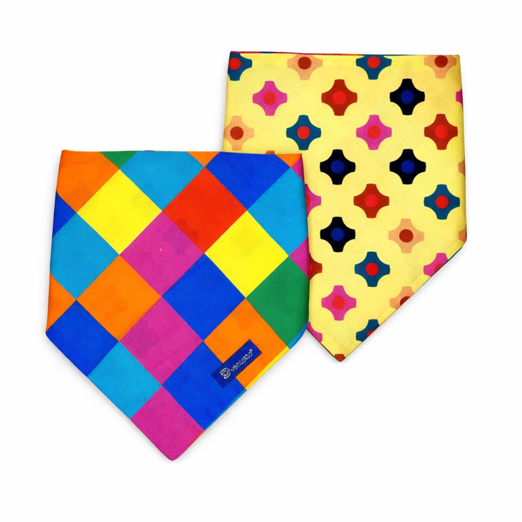 dixystore-bandana-cane-reversibile-harlequin-giallo Bandana reversibile per cane in cotone con fantasia harlequin su un lato e stampa candy colorata sull’altro. Reversible cotton dog bandana with harlequin pattern on one side and colourful candy print on the other.