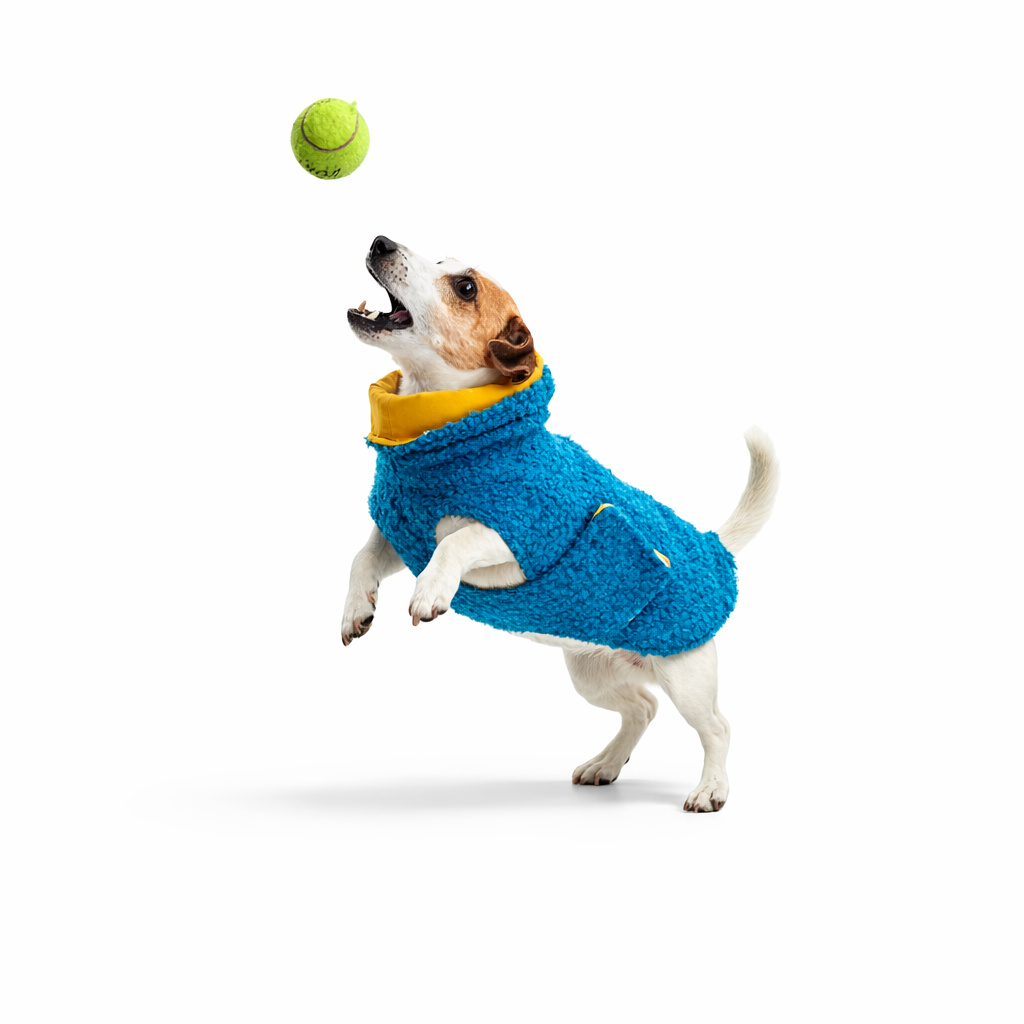 Jack Russell che indossa cappotto per cane in bouclé color petrolio con fodera ocra durante una passeggiata invernale