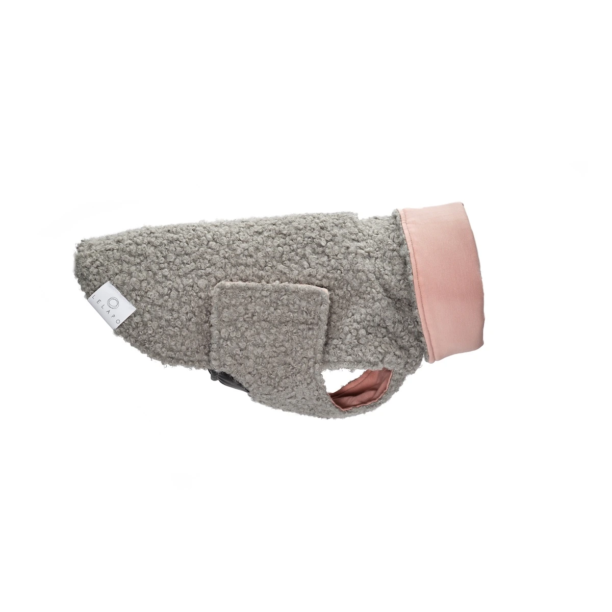 dixystore-cappotto-cane-lana-boucle-collo Due barboncini che indossano cappotti per cane in bouclé color acquamarina e rosa pastello con collo alto protettivo