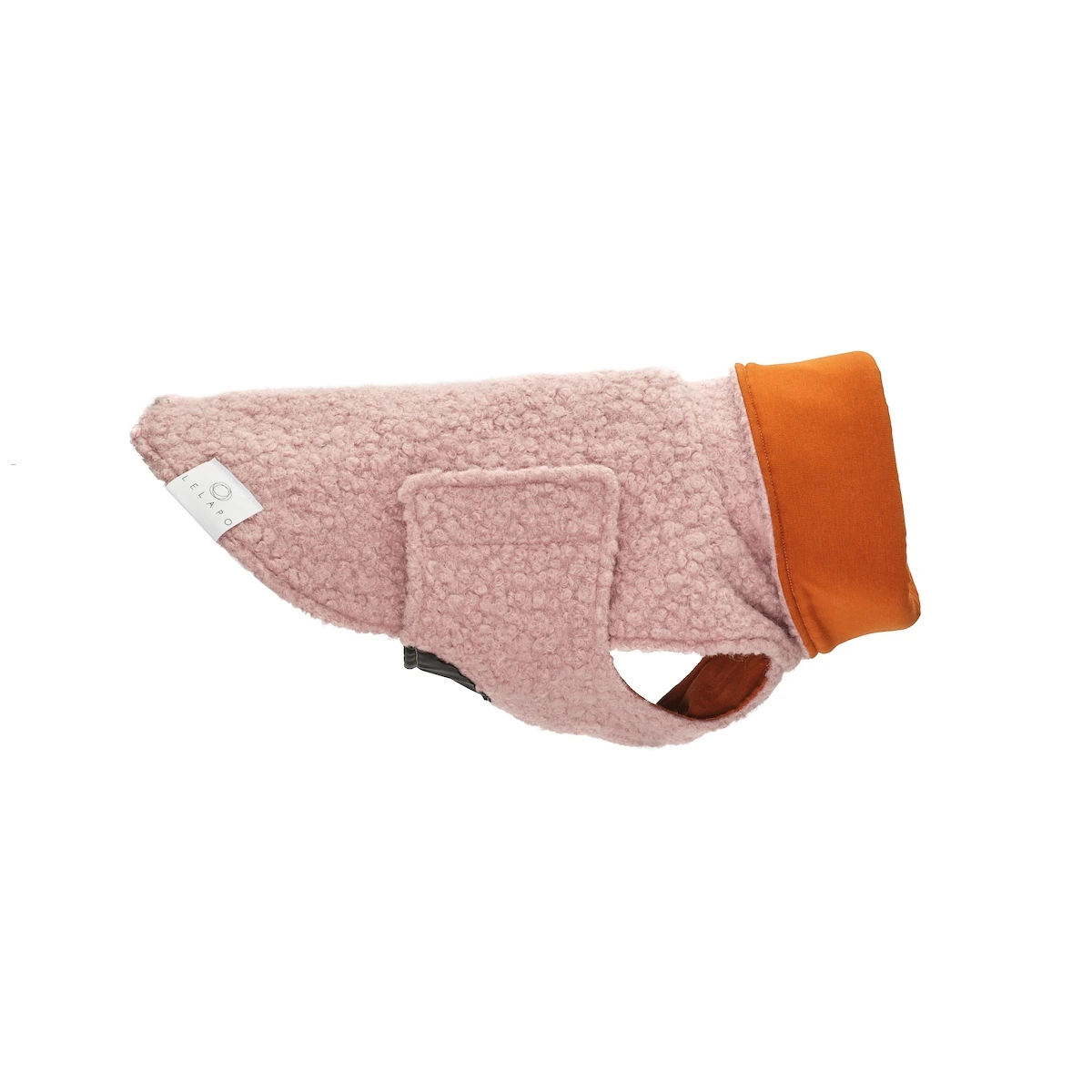 dixystore-cappotto-cane-lana-boucle-rosa-lato Due barboncini che indossano cappotti per cane in bouclé color acquamarina e rosa pastello con collo alto protettivo