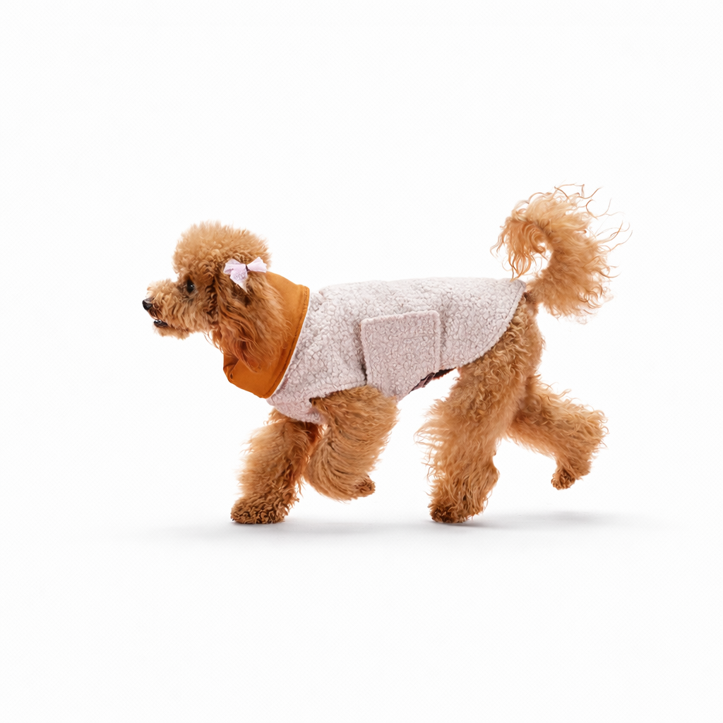 Due barboncini che indossano cappotti per cane in bouclé color acquamarina e rosa pastello con collo alto protettivo