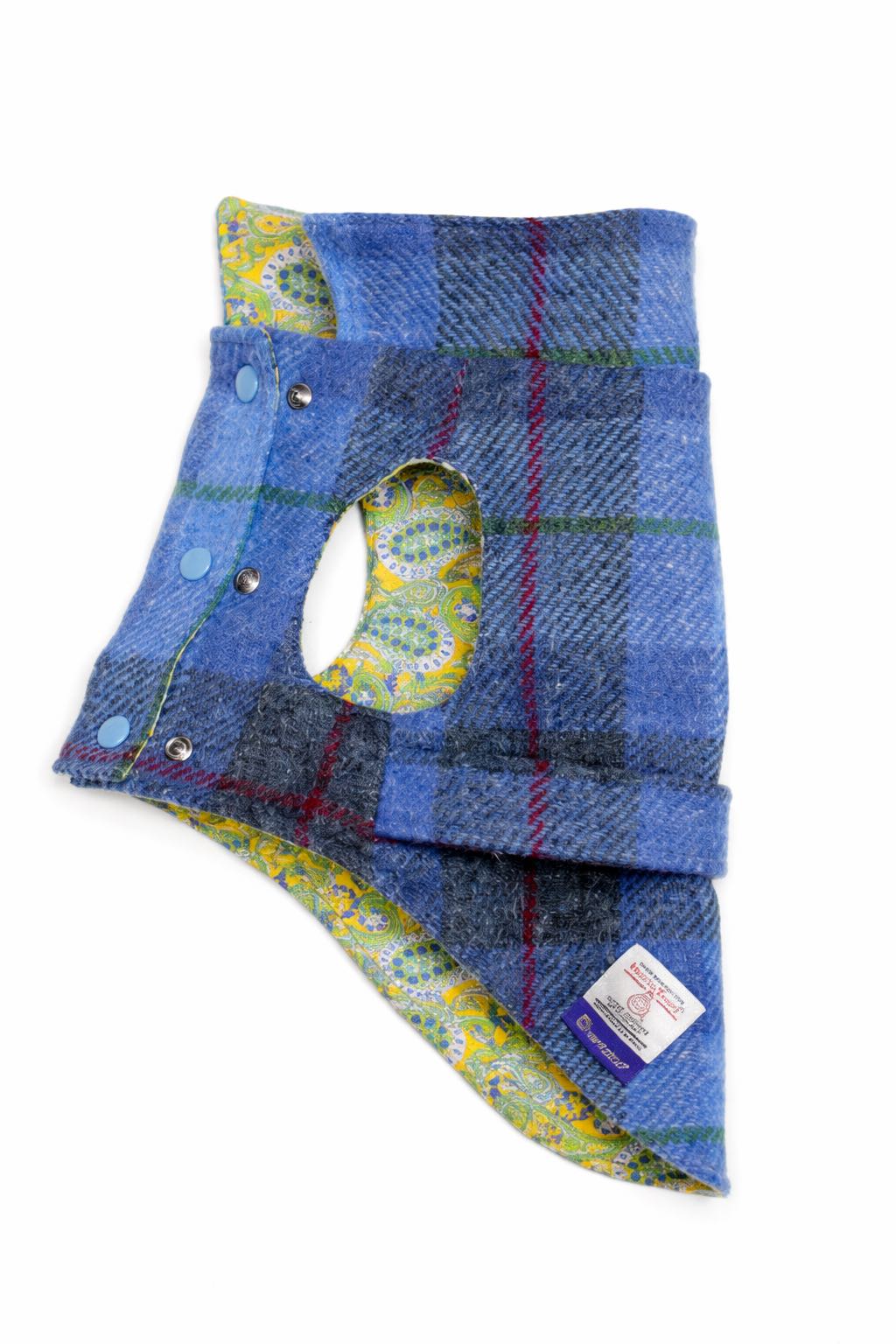 dixystore-cappotto-cane-tartan-blue-lato Cappotto per cane Hebrides in Harris Tweed con fodera interna in cotone paisley. Hebrides Harris Tweed dog coat with paisley cotton lining.