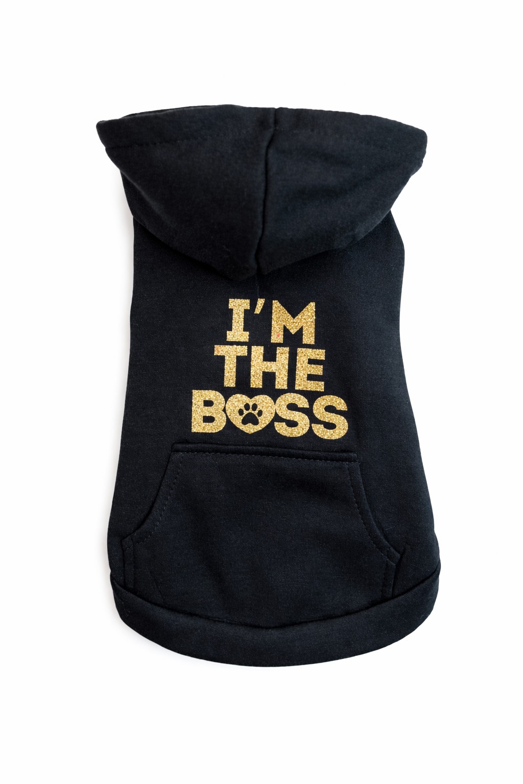 Felpa con cappuccio per cane “I’m the Boss” in tessuto morbido traspirante con stampa glitter oro. Dog hoodie “I’m the Boss” in soft breathable fabric with gold glitter print.