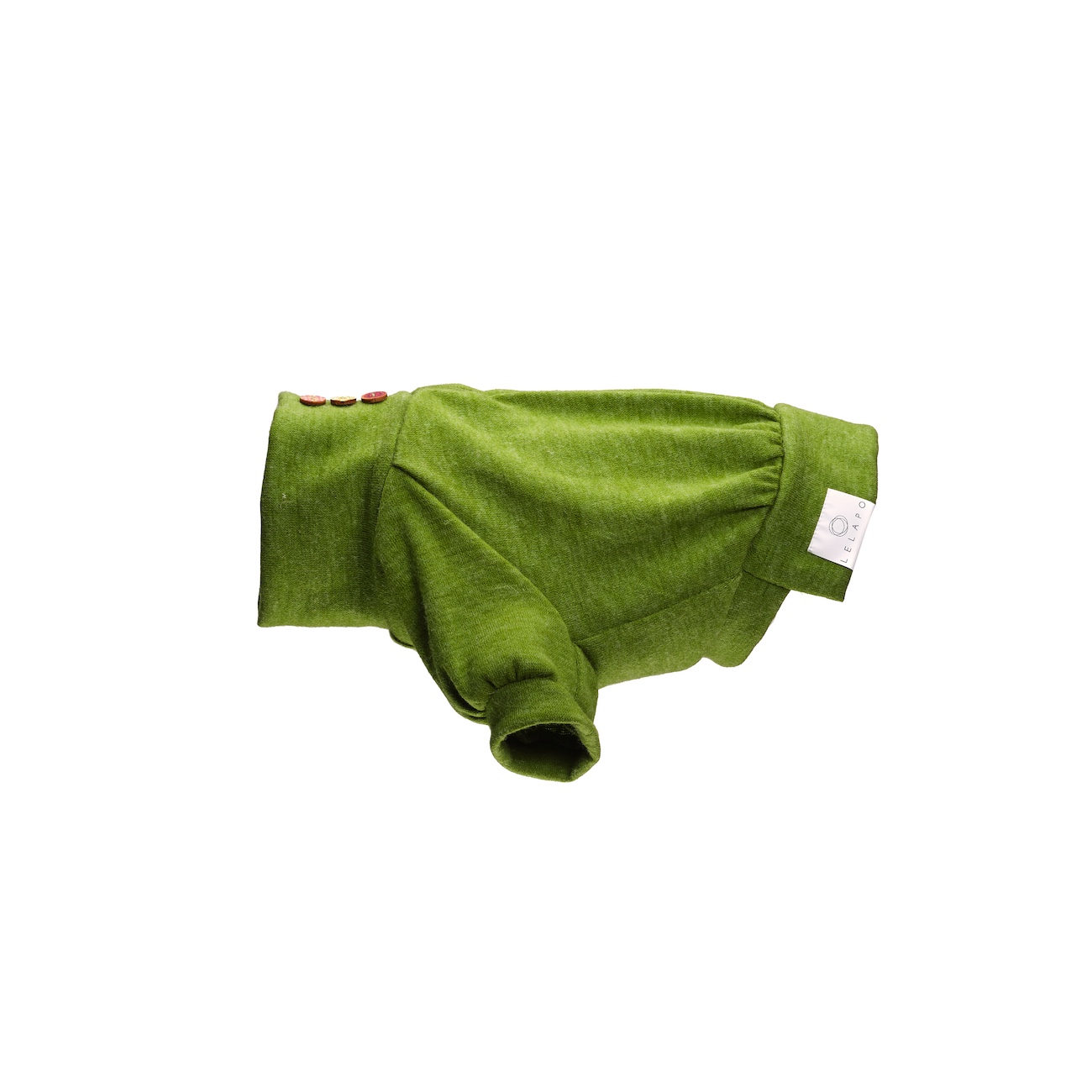 dixystore-maglia-verde-cane-lato Top per cane in tessuto morbido verde con collo alto morbido e ciondolo a stella dorato. Soft green dog top with soft turtleneck collar and small golden star charm.