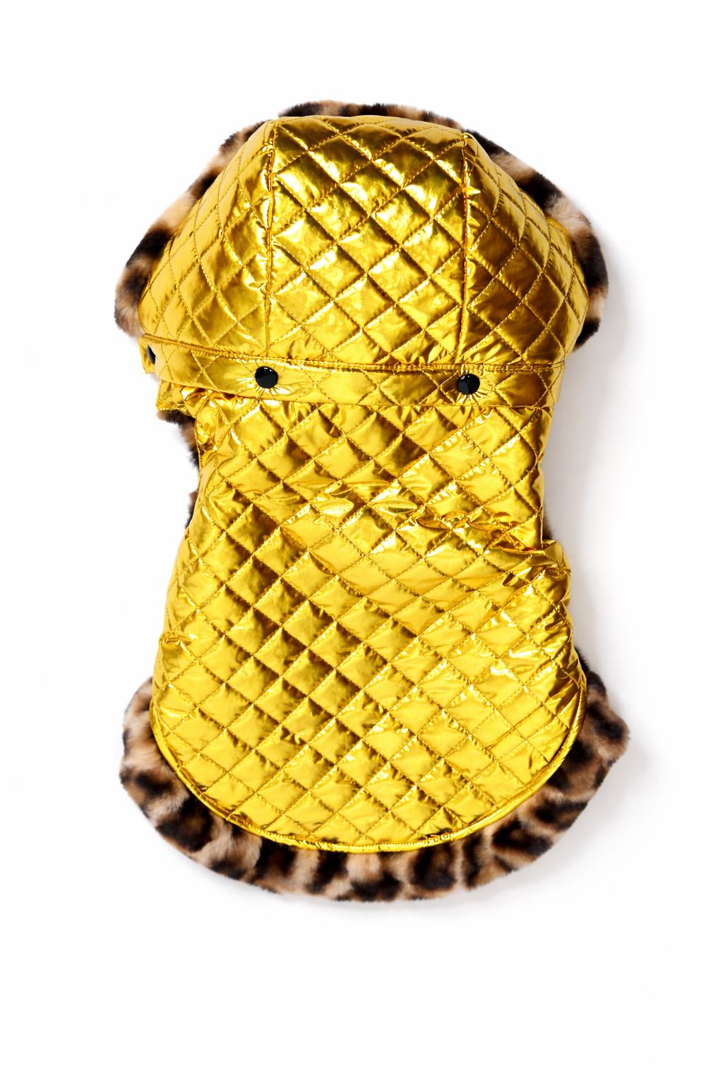 Cappotto piumino per cane “Gold” trapuntato color oro con fodera in faux fur leopardata Gold quilted puffer dog coat “Gold” with leopard-print faux fur lining