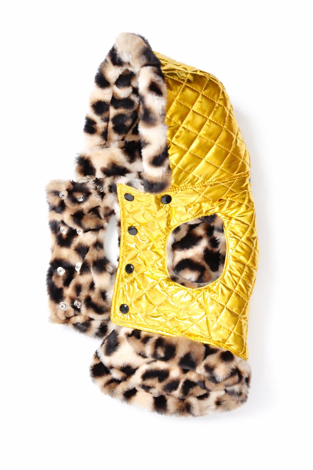 dixystore-piumino-cane-oro-castorino-lato Cappotto piumino per cane “Gold” trapuntato color oro con fodera in faux fur leopardata Gold quilted puffer dog coat “Gold” with leopard-print faux fur lining
