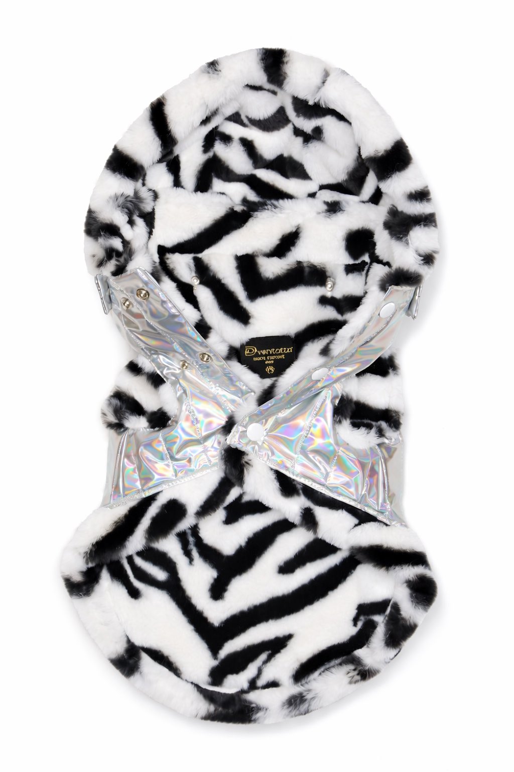 dixystore-piumino-cane-silver-castorino-davanti Cappotto per cane Techno puffer olografico con fodera faux-fur zebrata e mantellina removibile. Techno holographic puffer dog coat with zebra faux-fur lining and removable cape.